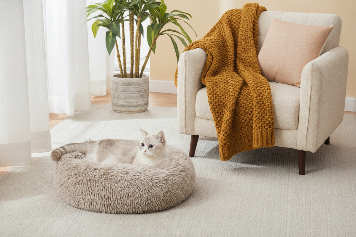 A fluffy cat or small dog sleeping soundly in a plush, round Lowkey Paws Donut Bed, set in a warm-toned room with soft lighti